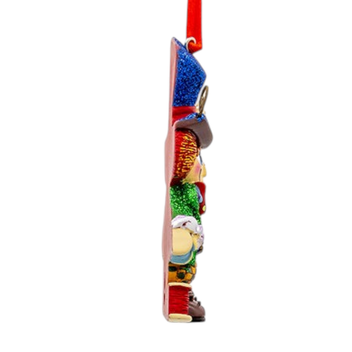 Mad Hatter ornament, side profile with tall blue hat and multicolor coat and checkered pants