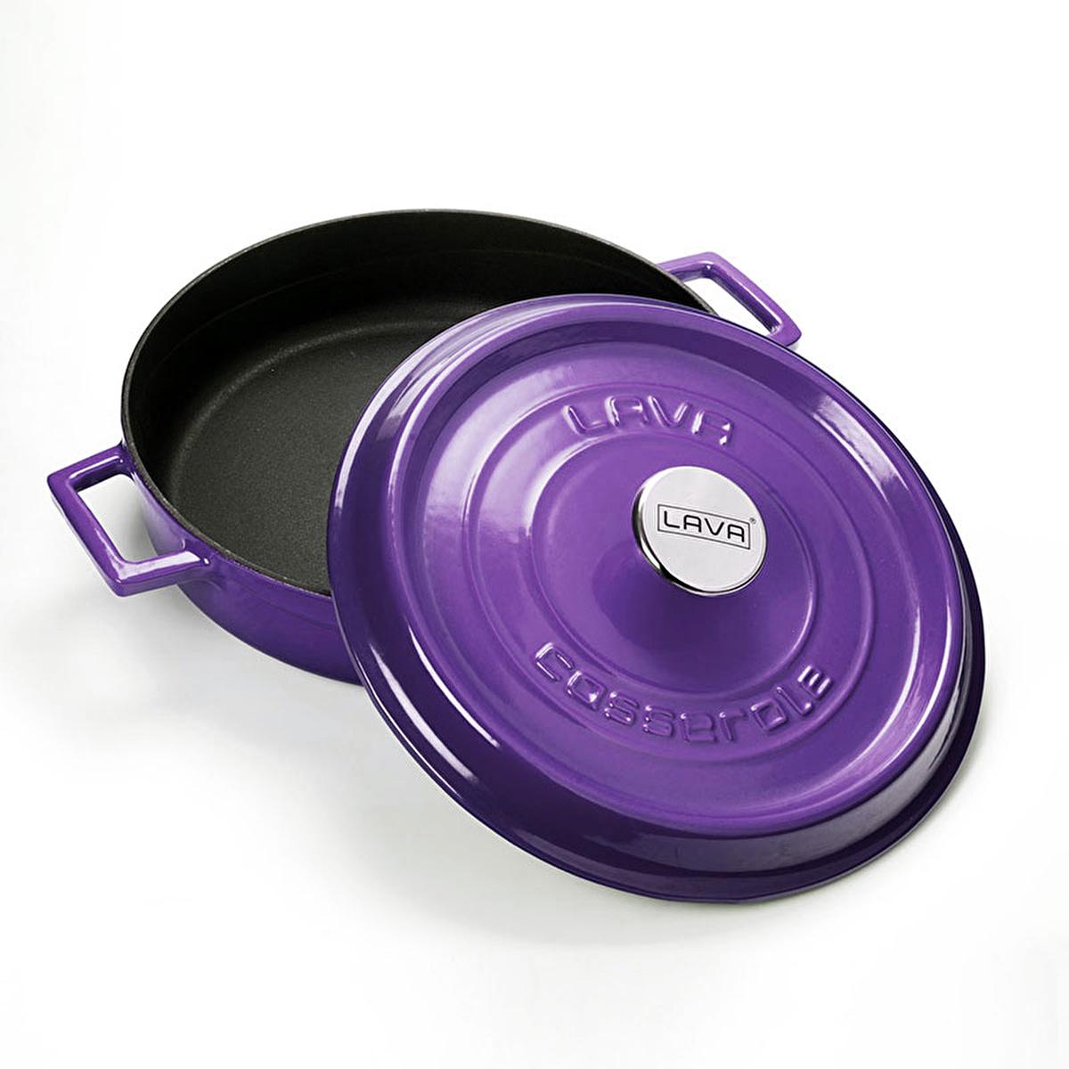 Purple enamel cast iron round pot with lid and two side handles