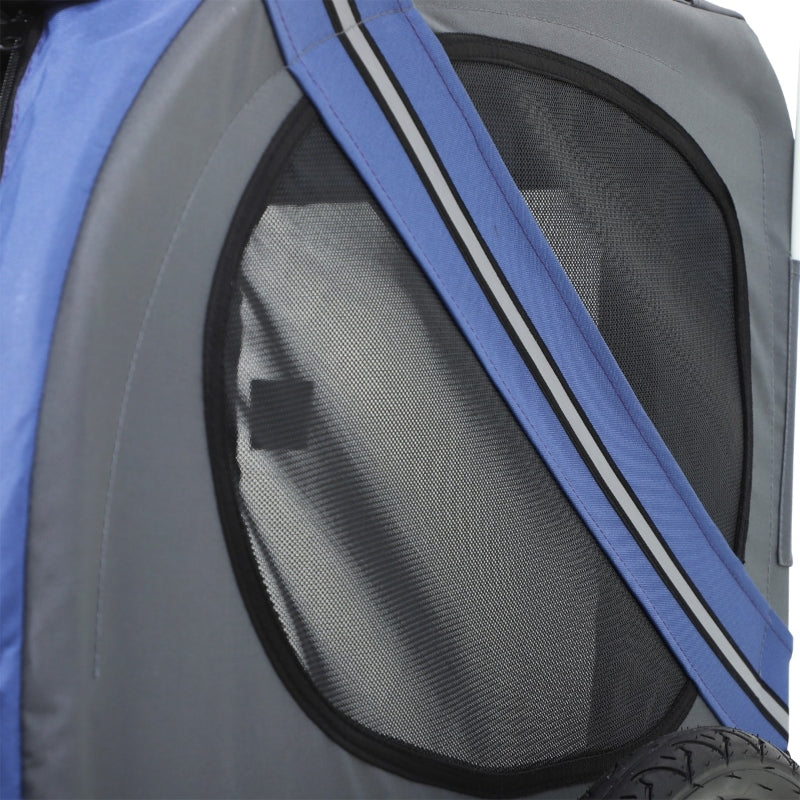 Blue and gray pet bike trailer cargo cart with side mesh panel and blue zipper stripe