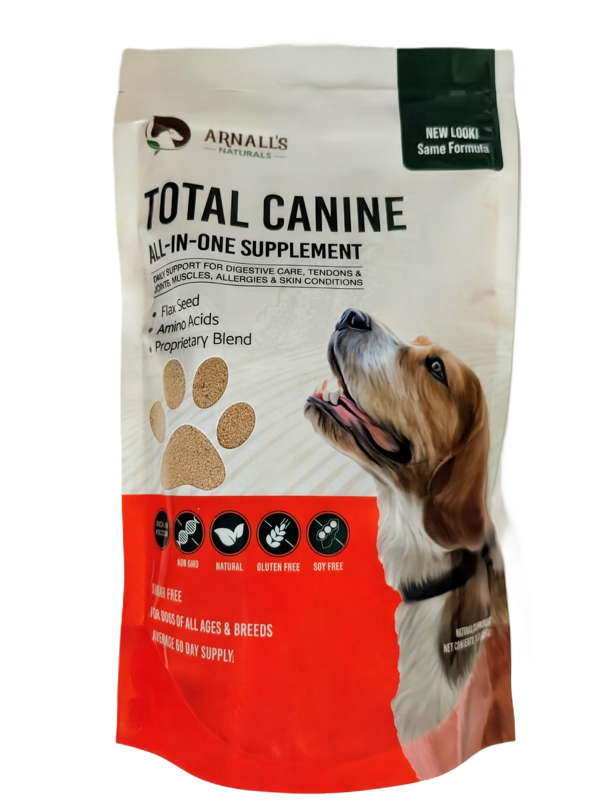All-in-one wellness supplement pouch for dogs, white and red bag