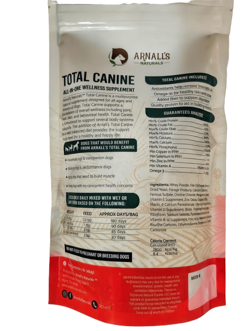 All-in-one wellness supplement pouch for dogs, back label with ingredient details