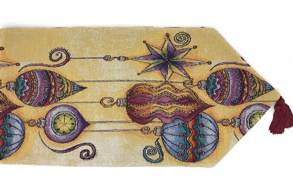 Close view of bohemian tapestry runner with purple and blue lanterns and star accents