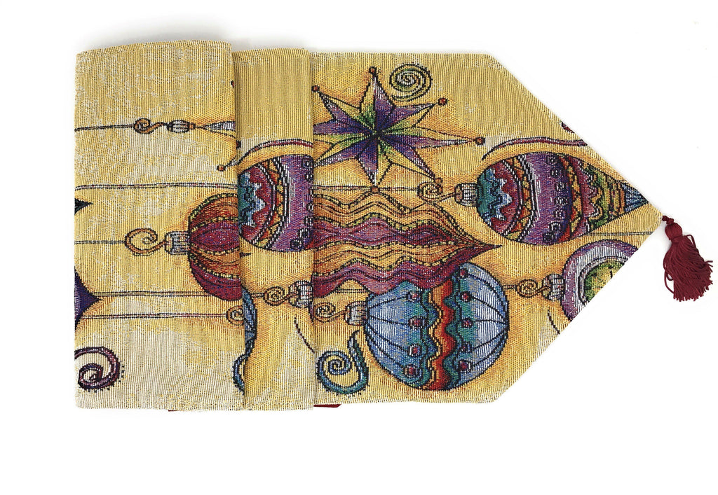 Tapestry table runner corner with colorful lanterns, star center, and red tassel
