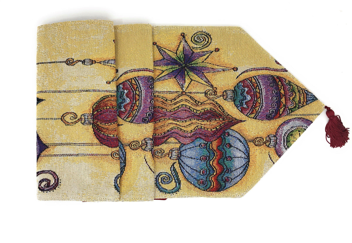 Tapestry table runner corner with colorful lanterns, star center, and red tassel