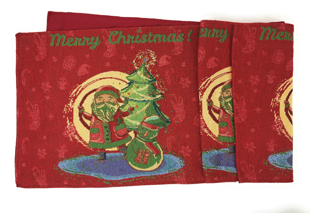 Red woven tapestry table runner with two Santa-and-tree panels