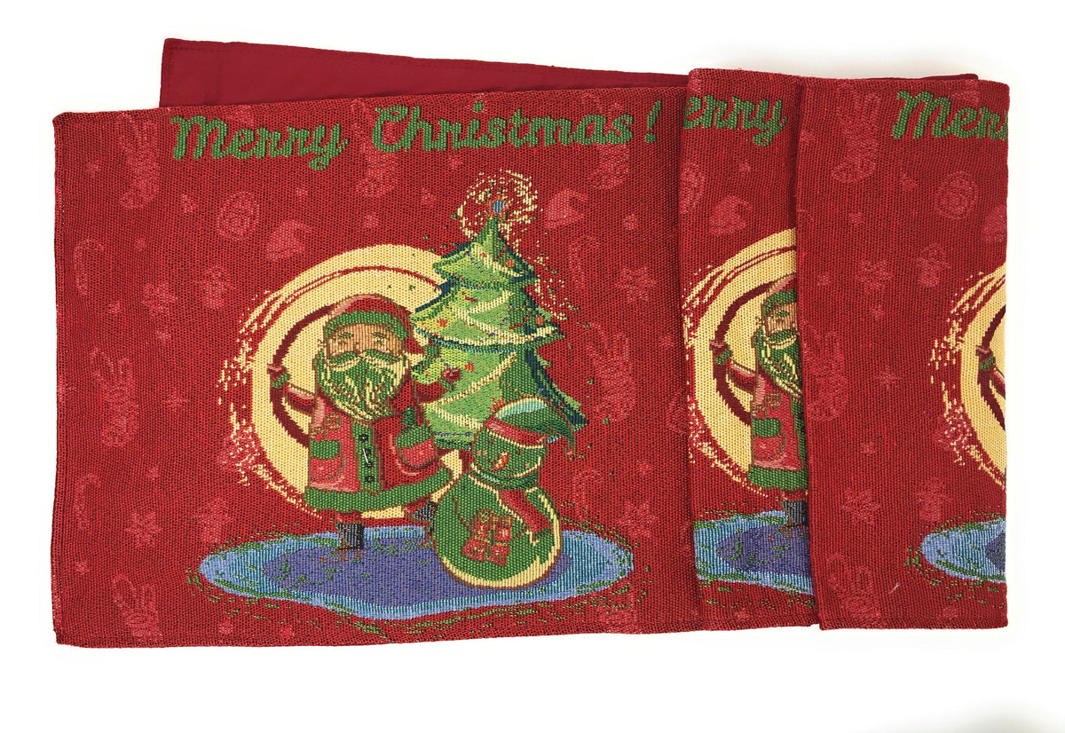 Red woven tapestry table runner with two Santa-and-tree panels