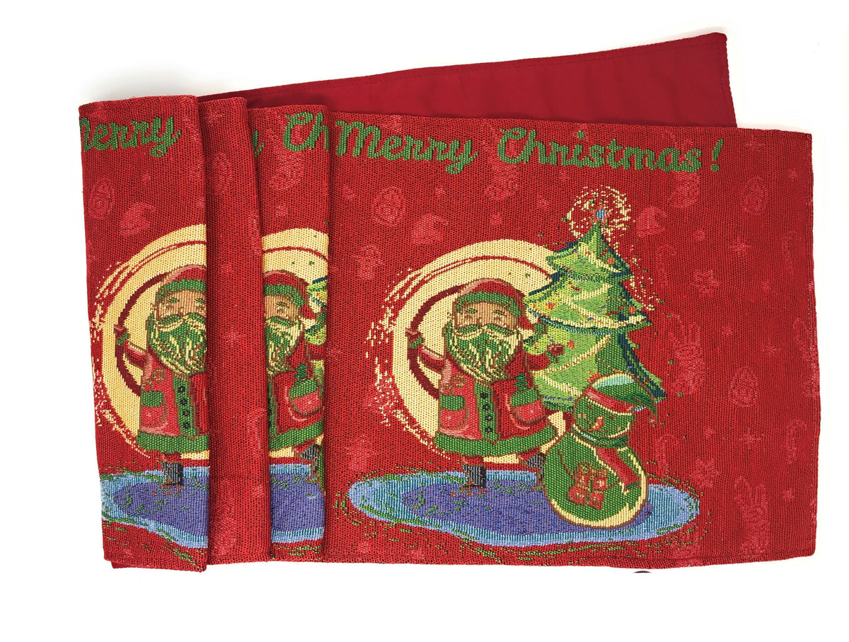 Red folded woven tapestry table runner with Santa and Merry Christmas lettering