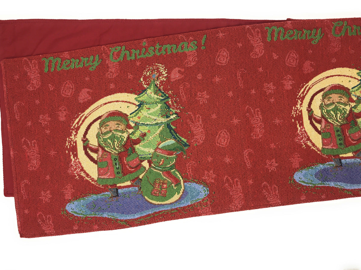 Close-up of red woven tapestry table runner with Merry Christmas text and Santa