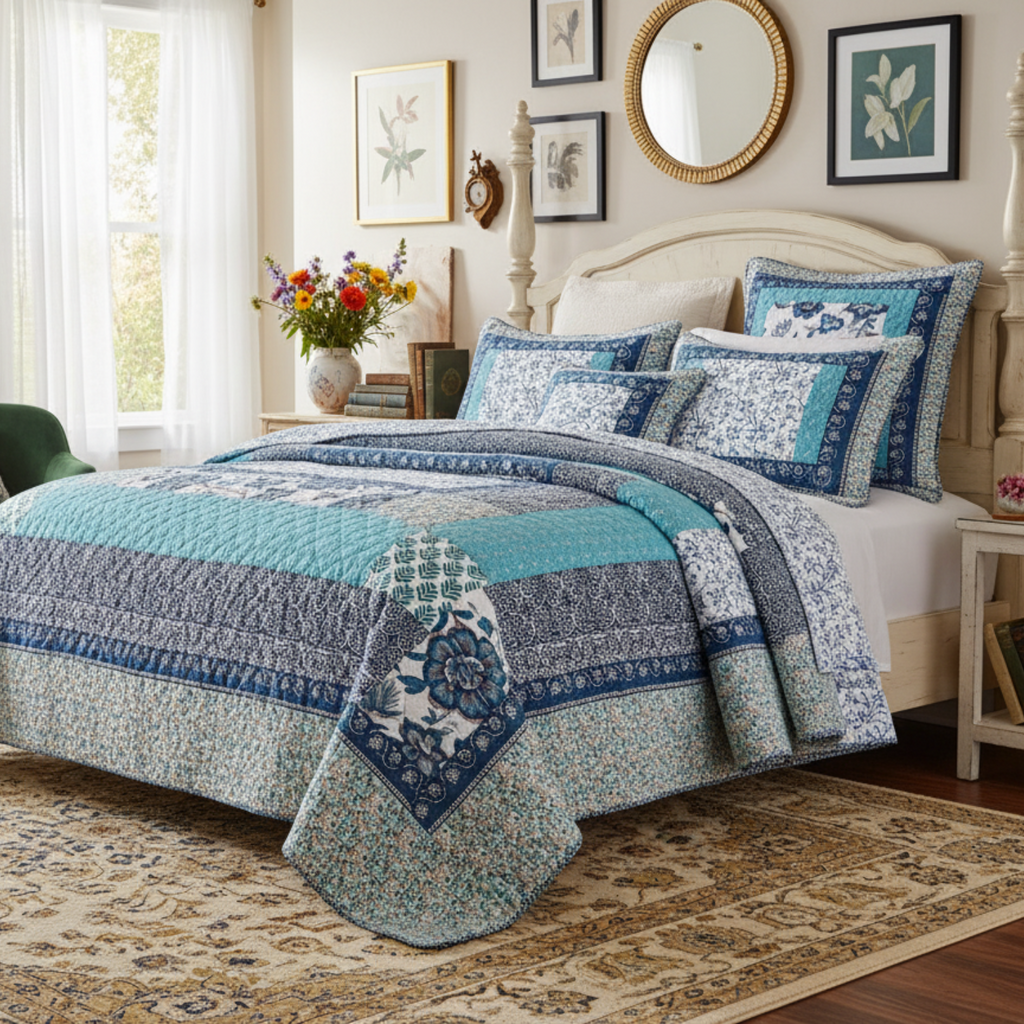 Blue cotton patchwork bedspread quilt set with floral and geometric patterns
