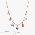 Two-tone gold necklace with baseball, hot dog, pearl, and blue hand-shaped charms