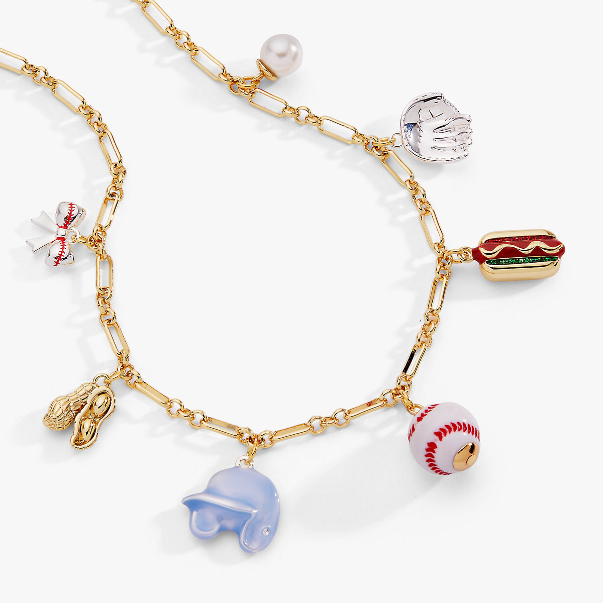 Two-tone gold multi-charm necklace with baseball, hot dog, pearl, and heart medallion charms