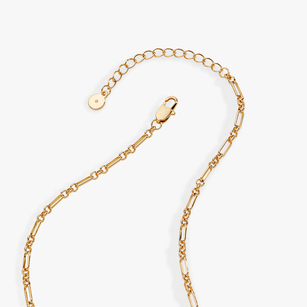 Gold-tone charm necklace chain with circular tag clasp and interlinked links