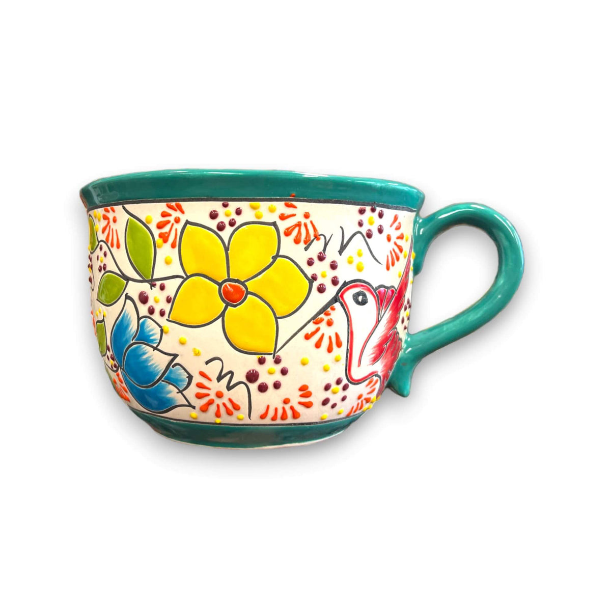 Hand-painted ceramic tea cup planter with teal rim, red bird, and colorful flower details