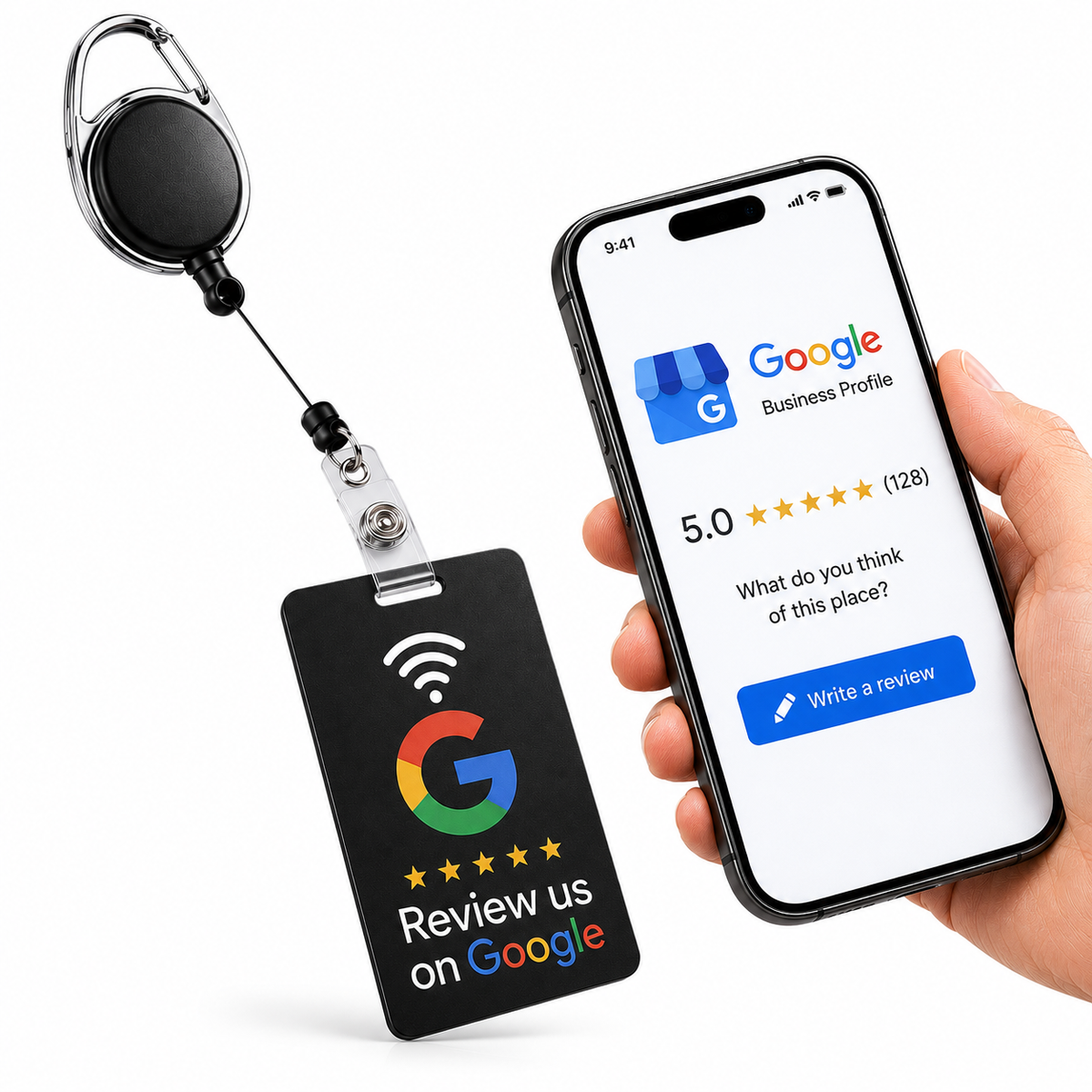 Retractable badge reel with carabiner, holding a Google review card and icon