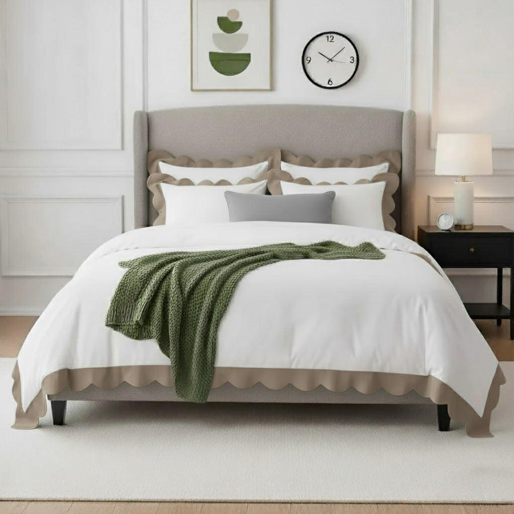 Wavy applique cotton duvet cover set with ivory scalloped border