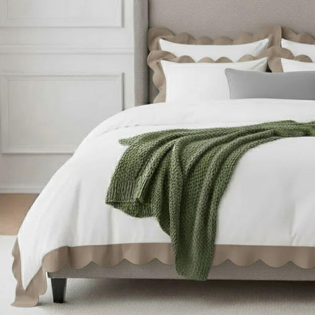 Cotton duvet cover set with white scalloped border and taupe wavy applique embroidery