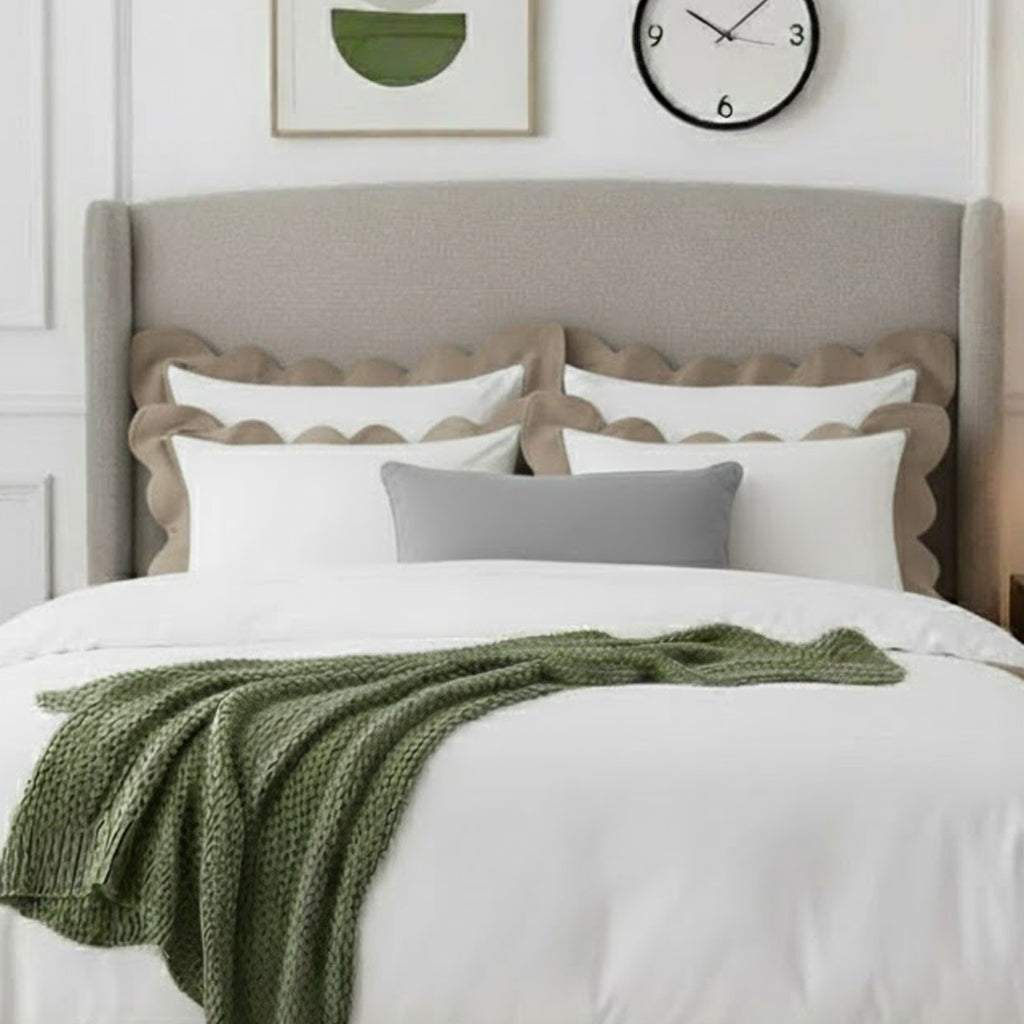 Cotton duvet cover set with wavy applique embroidery, taupe scalloped border