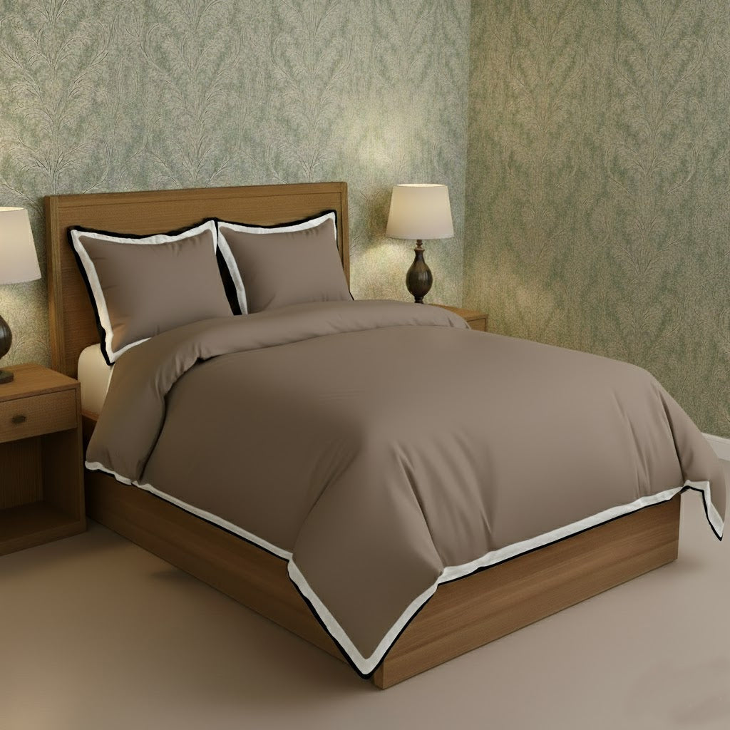 Taupe duvet cover set with white border frame and matching pillowcases