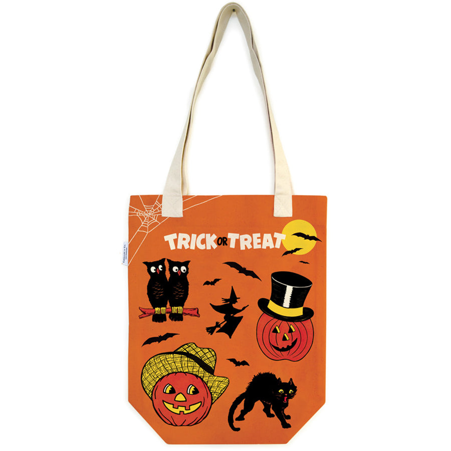 Orange Halloween canvas tote bag with “TRICK OR TREAT” and witch hat, bats, jack-o-lantern graphics