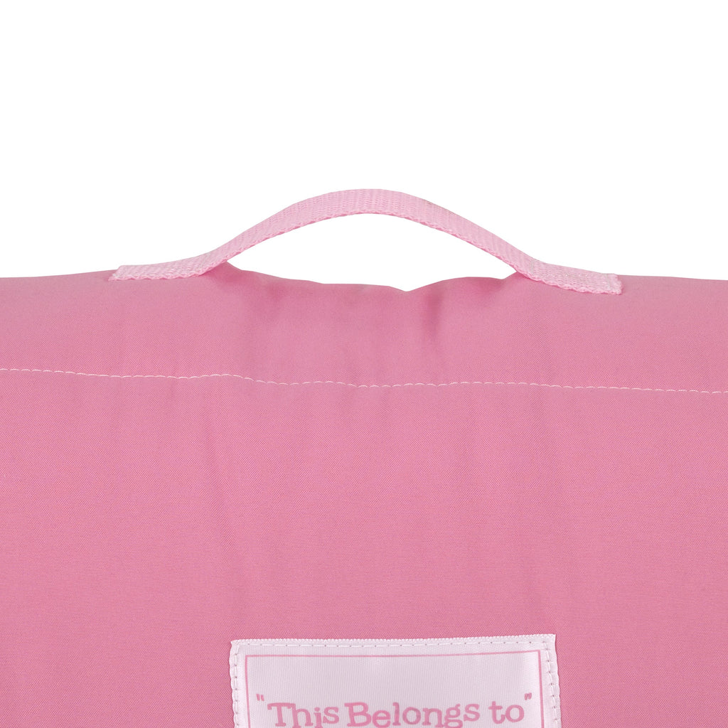 Toddler nap mat pink fabric with “This Belongs to” label and pink handle loop