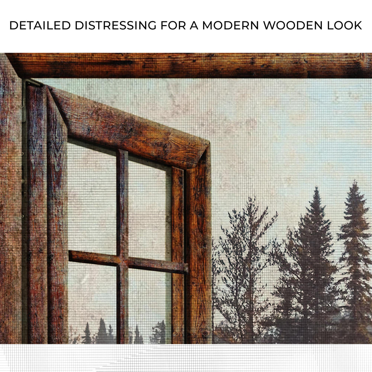 Distressed wooden window frame detail on canvas wall art