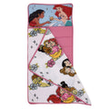 Toddler nap mat with pink border and princess character prints on white fabric