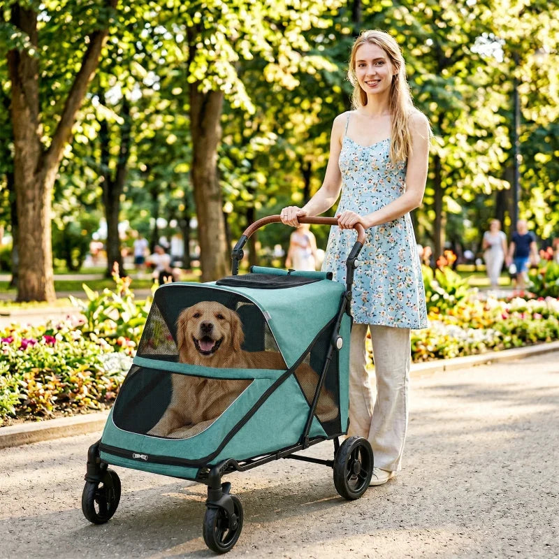 Teal dog stroller with large mesh window, brown handle, and four wheel frame