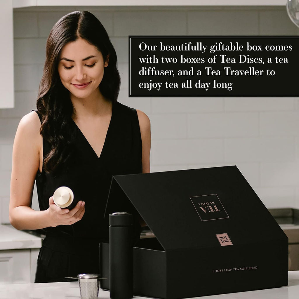 Peppermint tea humidor starter set with black box, tea discs, infuser, and travel mug