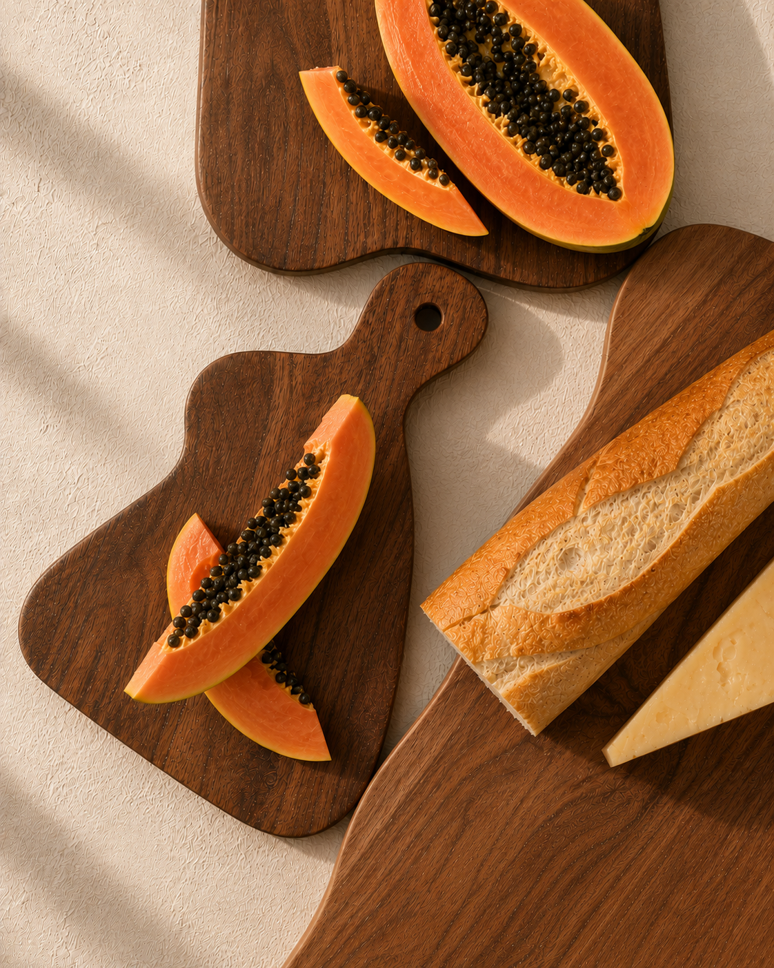 Teak wavy charcuterie boards with sliced fruit and cheese on wooden serving shapes