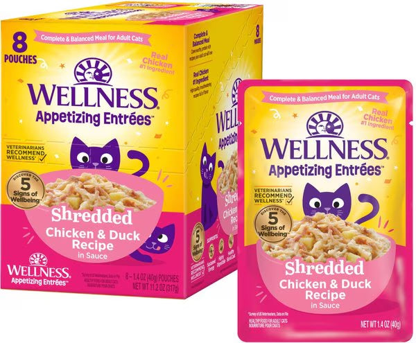Cat food pouch and box for adult cats, shredded chicken and duck in sauce