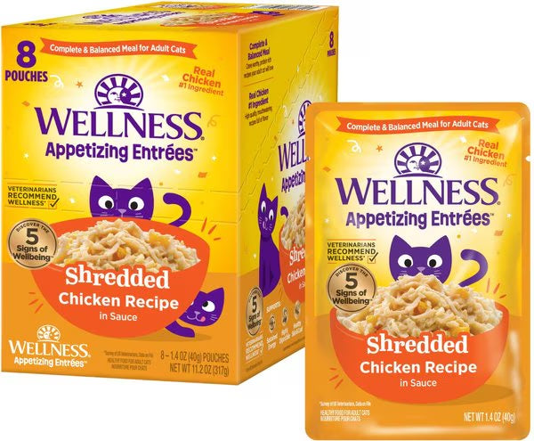 Wellness cat food shredded chicken recipe pouches in boxed 8-count pack