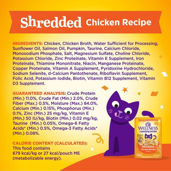 Wellness shredded chicken recipe cat food pouch back label with ingredients and analysis