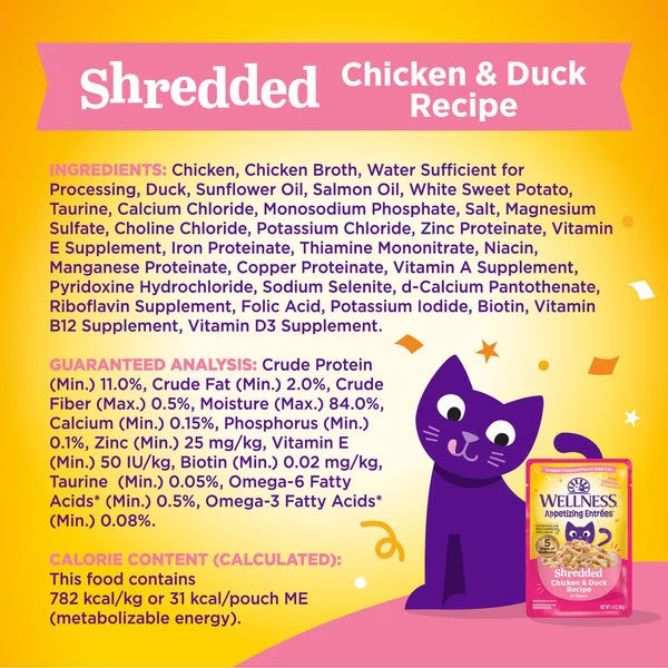 Cat food pouch back label with ingredients, guaranteed analysis, and nutrition info