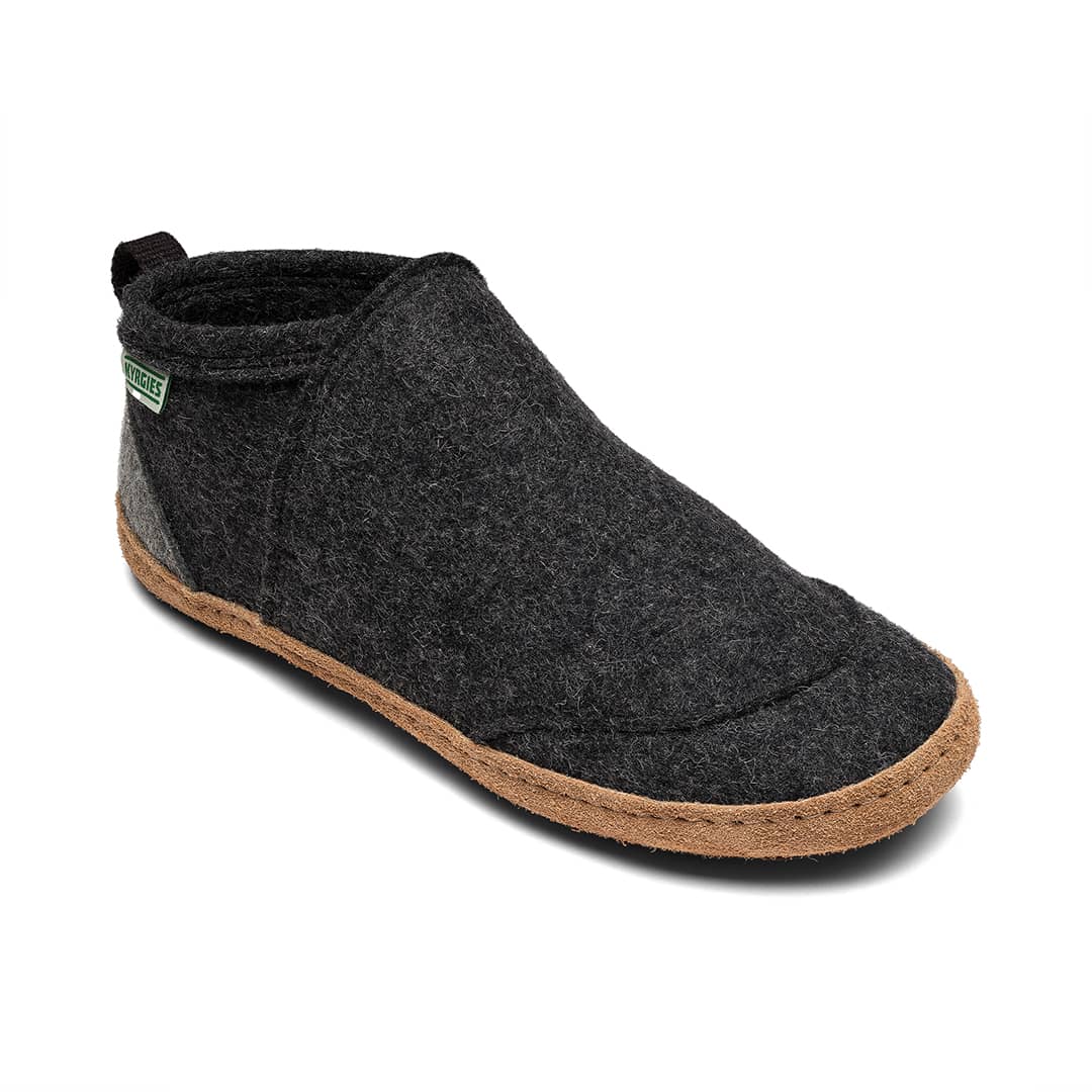Charcoal slip-on felt slippers with brown rubber sole and stitched moc toe