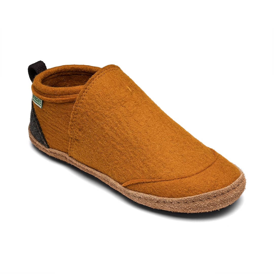 Orange slip-on felt slippers with brown rubber sole and stitched moc toe