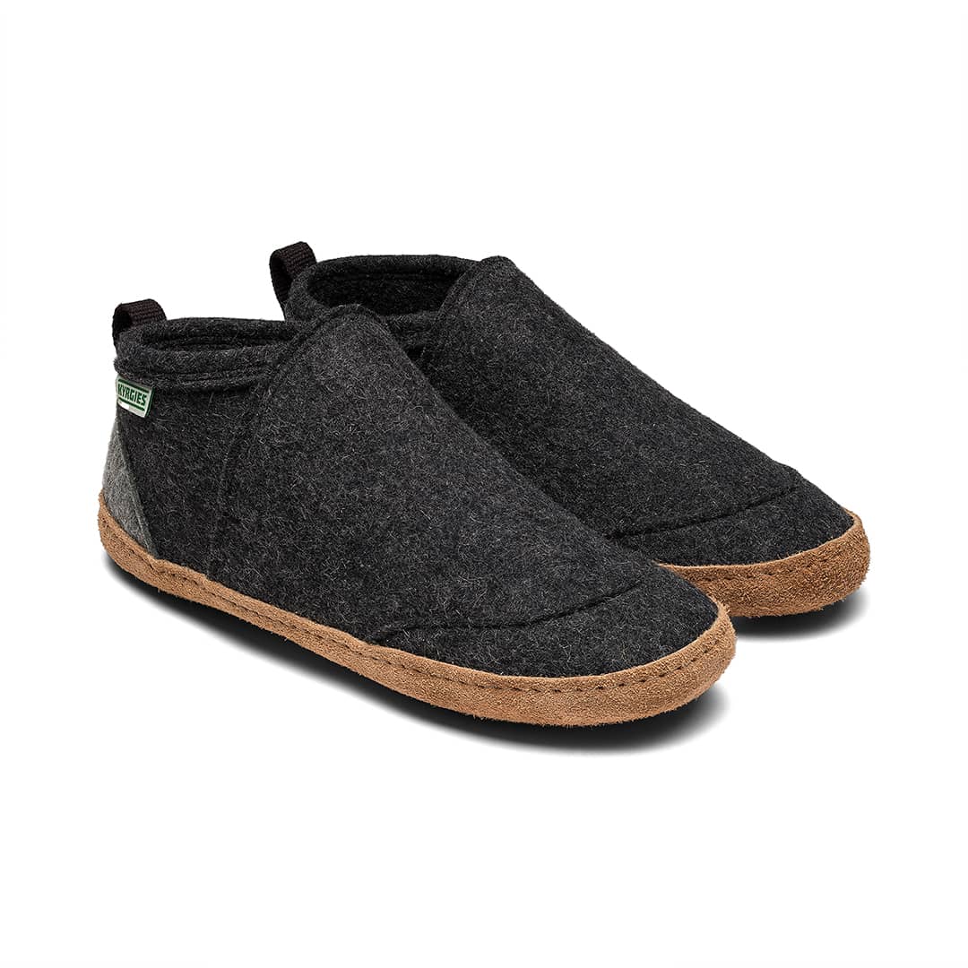 Pair of gray slip-on felt slippers with tan-brown rubber sole