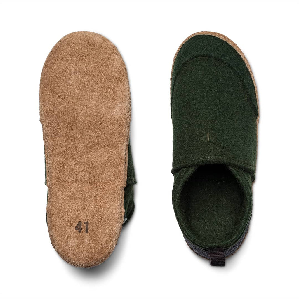 Tengries dark green felt slippers size 41, showing tan underside and open heel interior