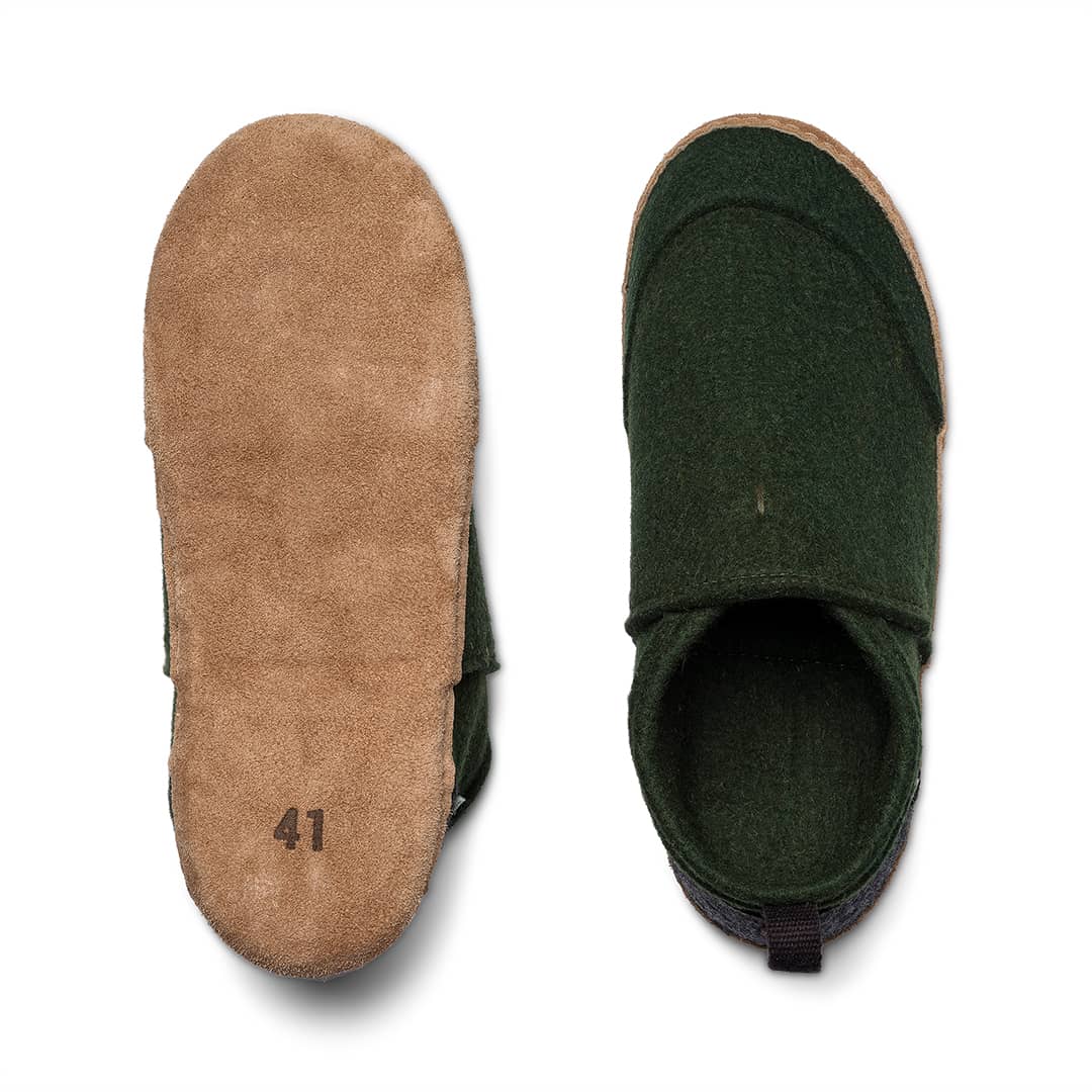 Tengries dark green felt slippers size 41, showing tan underside and open heel interior