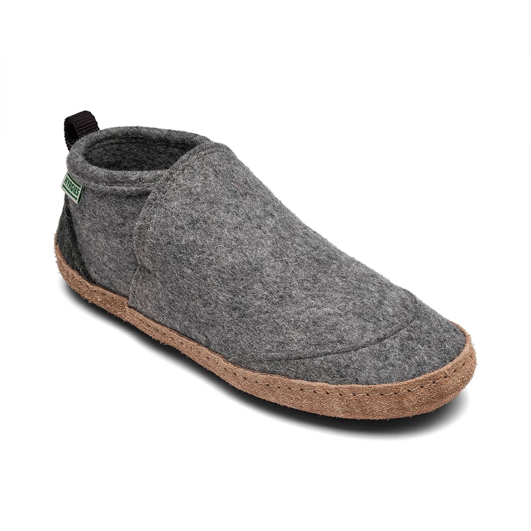 Gray slip-on felt slippers with brown rubber sole and stitched moc toe