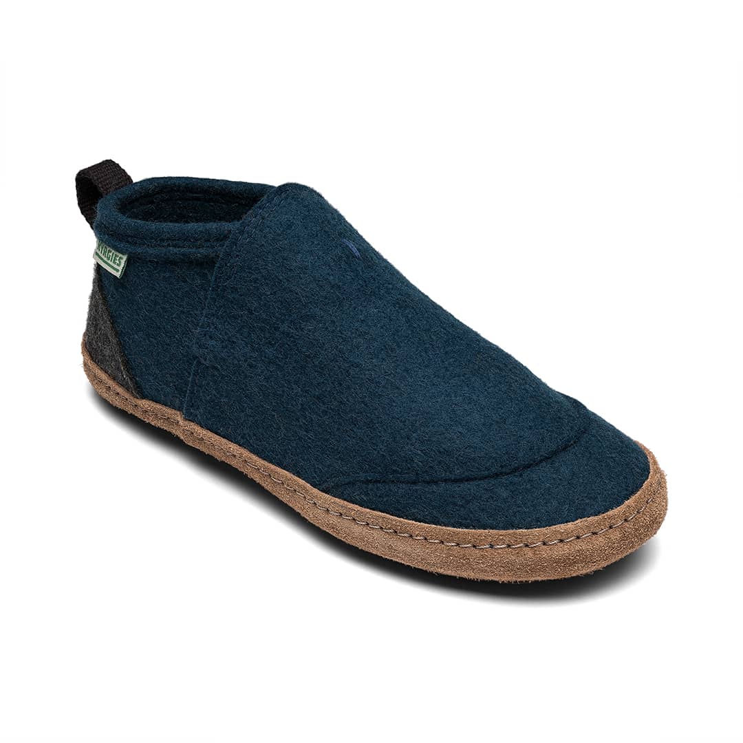 Pine blue slip-on felt slippers with brown rubber sole and moc toe seam