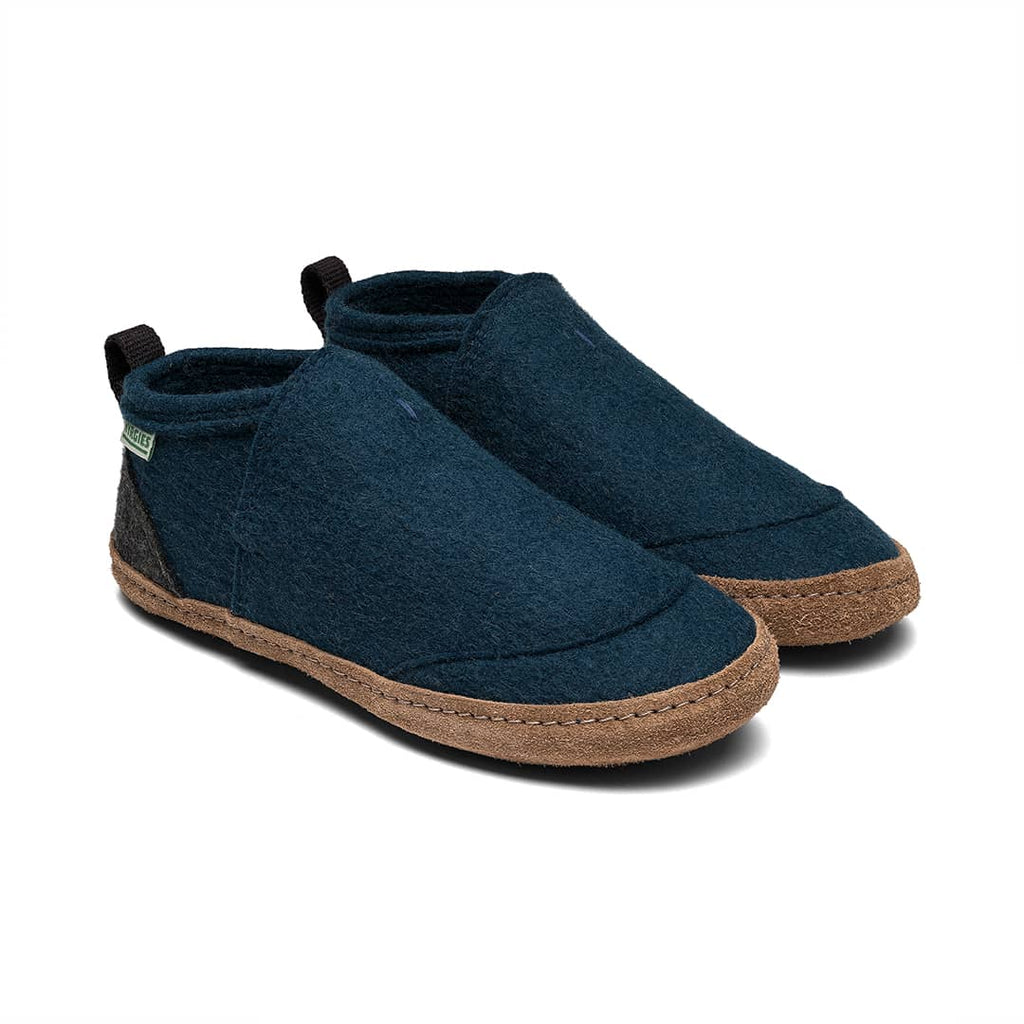 Pair of pine blue slip-on felt slippers with brown rubber sole