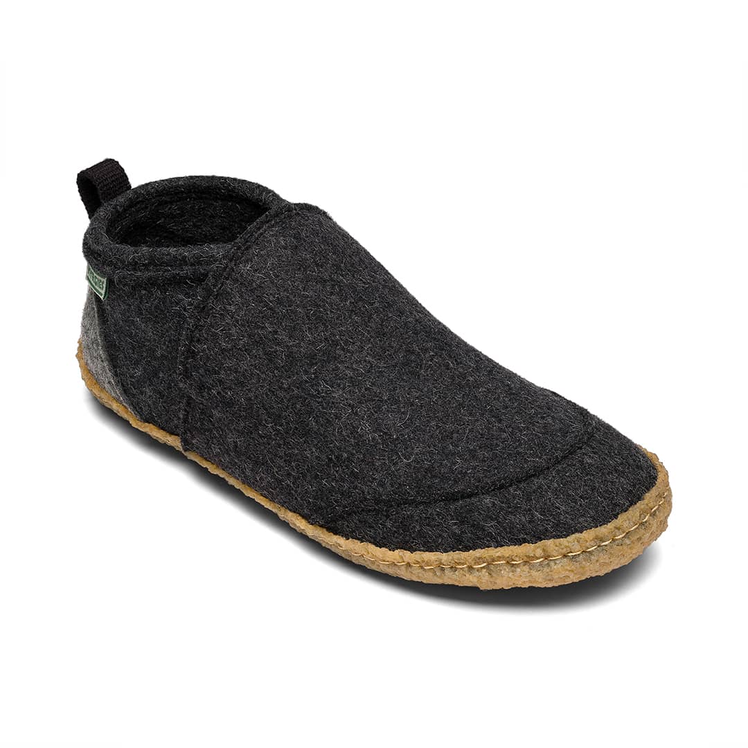 Tengries Walkabouts charcoal felt slip-on shoes with tan jute sole and pull tab