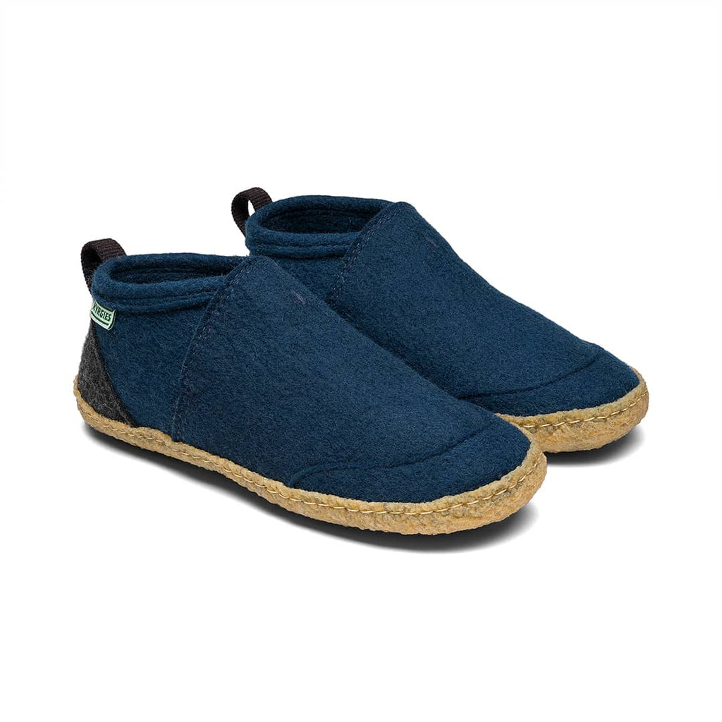 Tengries Walkabouts navy felt slip-on shoes, pair view, tan jute sole