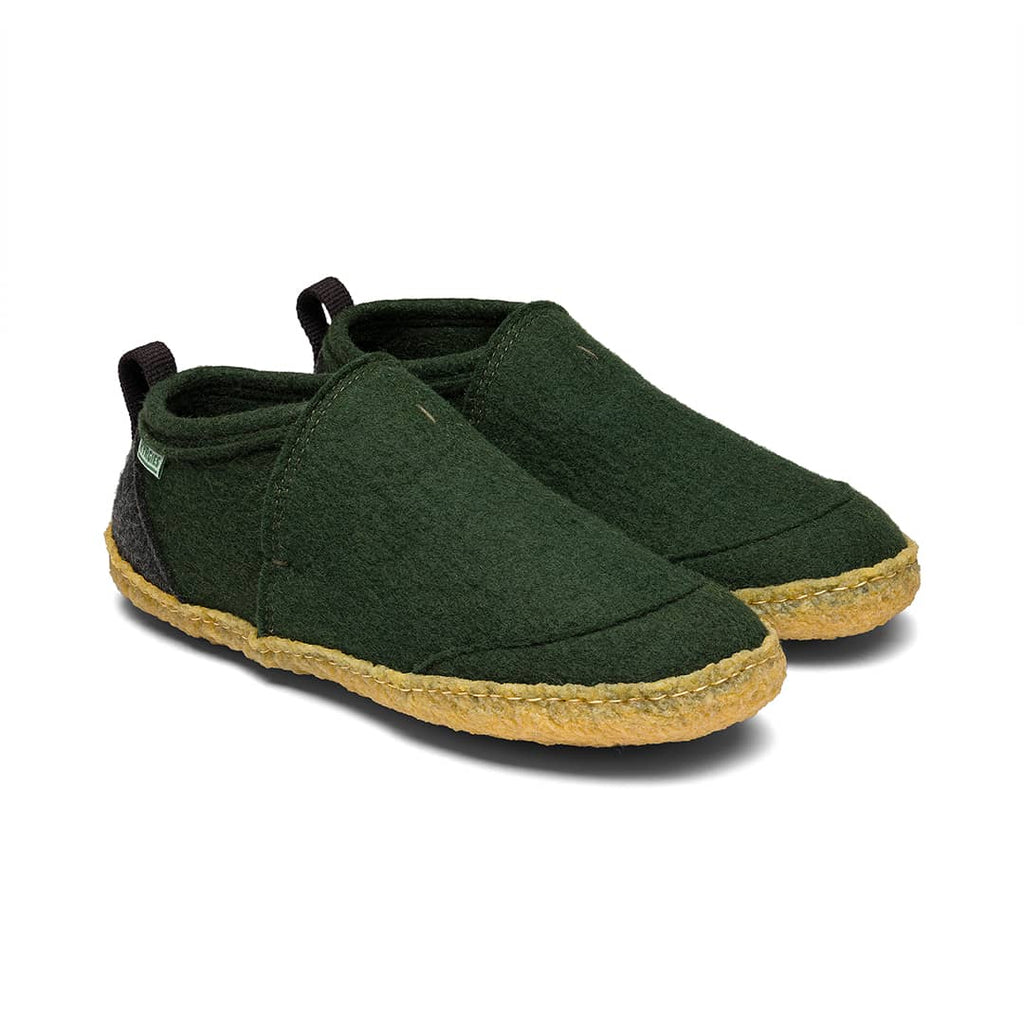 Dark green felt slip-on shoes with tan rubber sole and dark collar tabs