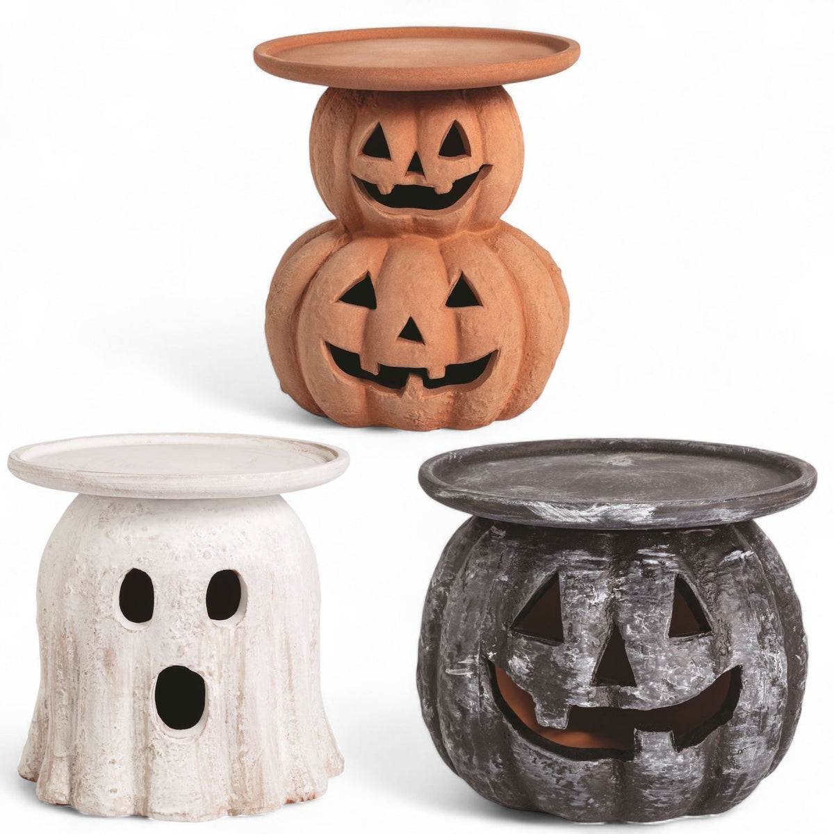 Halloween pillar candle holder in terracotta pumpkin stack design with cutout jack-o'-lantern faces