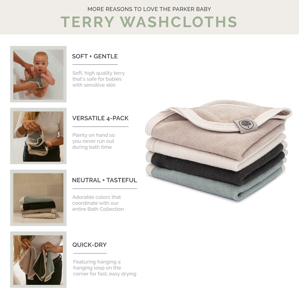 Four-pack baby terry washcloths in neutral tones with stitched edges