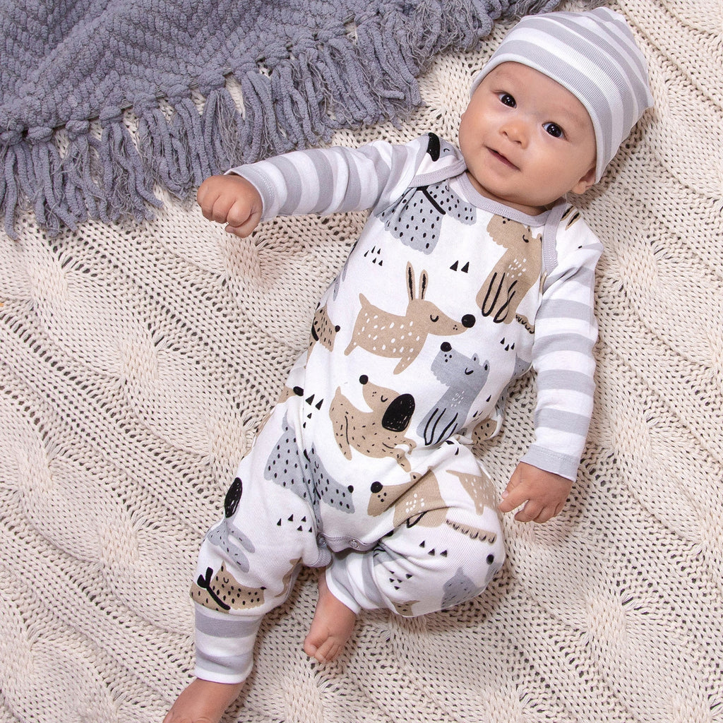 White romper with puppy dog print and gray striped sleeves, front overalls style