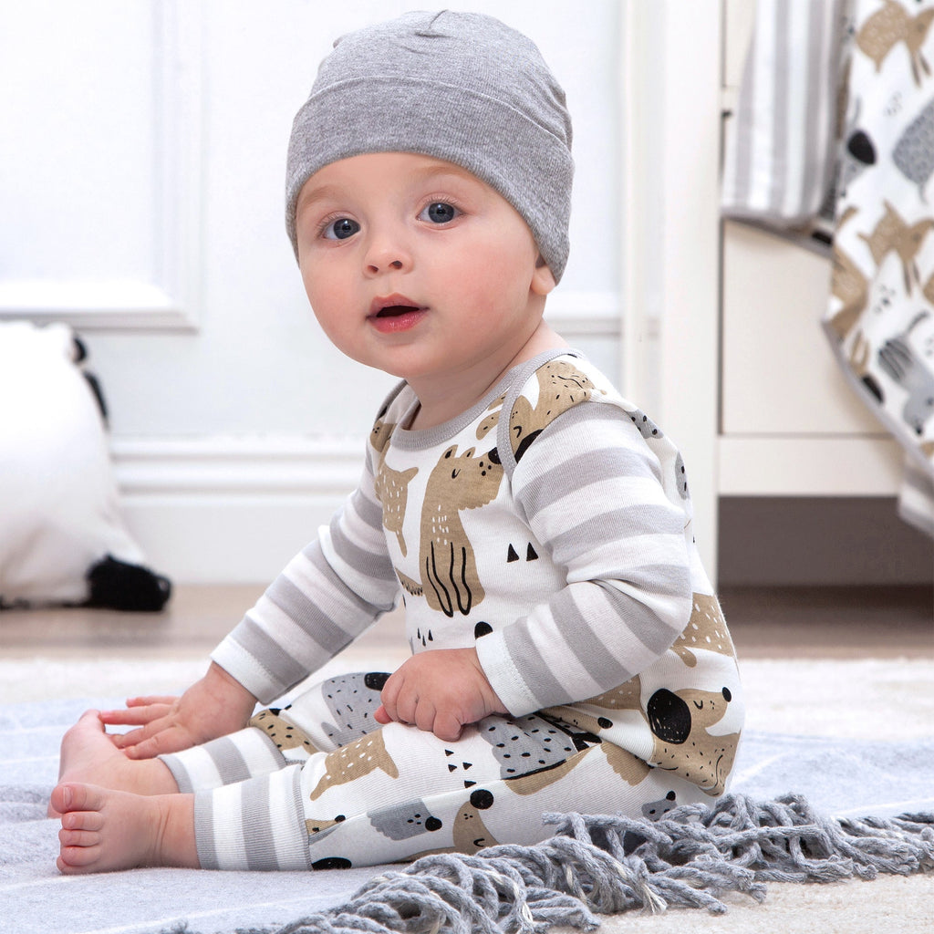 White cotton baby romper with puppy dog prints and gray striped sleeves