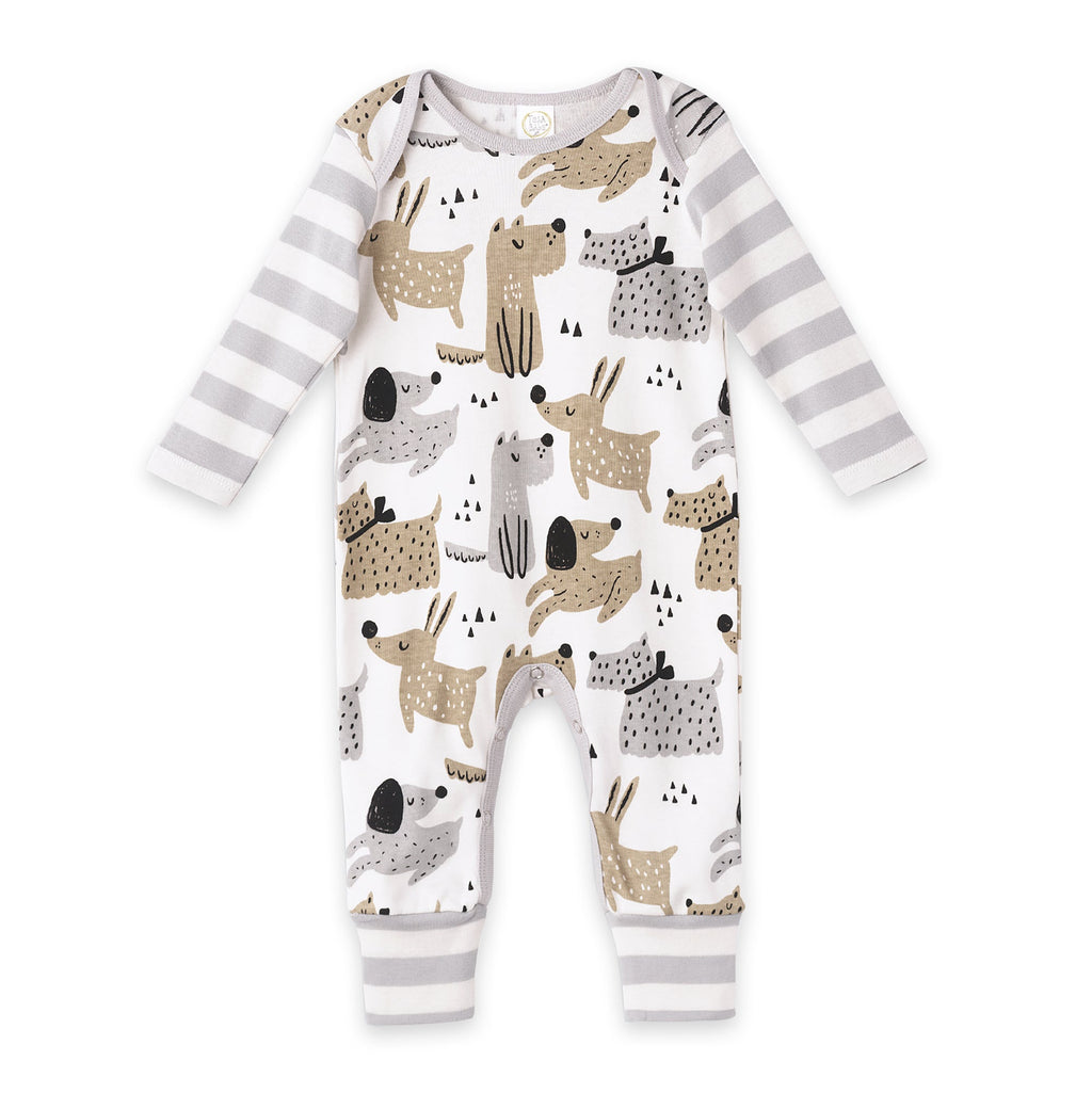 White long-sleeve romper with scattered puppy dog graphics and gray cuff stripes