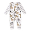 White long-sleeve romper with scattered puppy dog graphics and gray cuff stripes